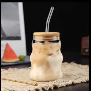Wavy Glass Cup with Lid and Straw, Striped Glass Cup, Suitable for Home Decoration, Home Drinking, Breakfast Cup, Milk Cup, Afternoon Tea Coffee Cup, Valentine's Day