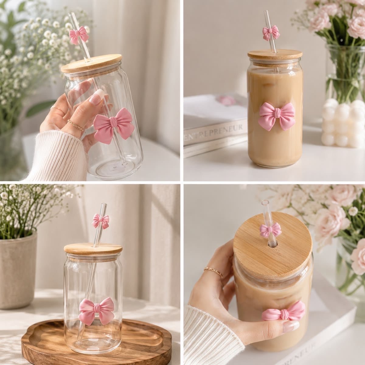 Bongbean pink bow glass jar
